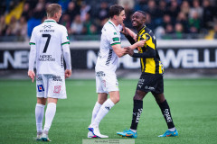 20260419 GAIS Oskar Ågren och BK Häckens Brice Wembangomo under fotbollsmatchen i Allsvenskan mellan BK Häcken och GAIS den 19 april 2026 på Nordic Wellness Arena i Göteborg. 
Foto: Filip Kauffeldt