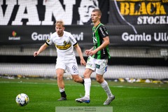 20240722 GAIS Lucas Hedlund och AIKs Eskil Edh under fotbollsmatchen i Allsvenskan mellan GAIS och AIK den 22 Juli 2024 på Gamla Ullevi i Göteborg.