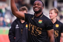 20260314 GAIS Shalom Ekong jublar efter fotbollsmatchen i Svenska Cupen mellan GAIS och AIK den 14 mars 2026 på Nordic Wellness Arena i Göteborg. 
Foto: Filip Kauffeldt