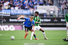 20240818 GAIS Harun Ibrahim och Halmstads BKs Villiam Granath under fotbollsmatchen i Allsvenskan mellan GAIS och Halmstads BK den 18 augusti 2024 på Gamla Ullevi i Göteborg.