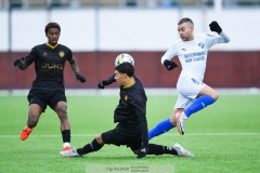 20240210 IK Oddevolds Oscar Iglicar Berntsson och GAIS Mohamed Bawa under träningsmatchen mellan GAIS och IK Oddevold på Valhalla IP den 10 februari 2024 i Göteborg.