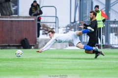 20240210 IK Oddevolds Noa Bernhardtz och GAIS Axel Norén under träningsmatchen mellan GAIS och IK Oddevold på Valhalla IP den 10 februari 2024 i Göteborg.