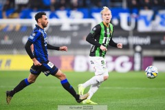 202401110 GAIS Robin Wendin Thomasson och IK Sirius Joakim Persson under fotbollsmatchen mellan GAIS och IK Sirius  i Allsvenskan den 10 november 2024 på Gamla Ullevi i Göteborg.