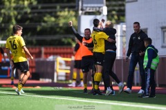 20240810 Ahlafors IFs Ali Al-Habobi firar sitt mål under fotbollsmatchen i Div 2 Norra Götaland mellan IFK Skövde och Ahlafors IF den 10 augusti 2024 på Södermalms IP i Skövde.