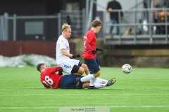 20240127 IK Oddevolds Linus Tornblad och ÖIS Erion Sadiku under träningsmatchen ÖIS och IK Oddevold på Valhalla IP den 27 januari 2024 i Göteborg.