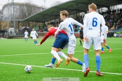 20240127 IK Oddevolds Hugo Tilly och ÖIS Amel Mujanic under träningsmatchen ÖIS och IK Oddevold på Valhalla IP den 27 januari 2024 i Göteborg.