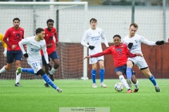 20240127 ÖIS Aydarus Abukar och IK Oddevolds Noa Bernhardtz och Albion Vitija under träningsmatchen ÖIS och IK Oddevold på Valhalla IP den 27 januari 2024 i Göteborg.