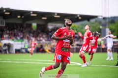 20240615 Skövde AIKs Mamudu Moro under fotbollsmatchen i Superettan mellan Skövde AIK och Degerfors IF den 15 juni 2024 på Södermalms IP i Skövde.