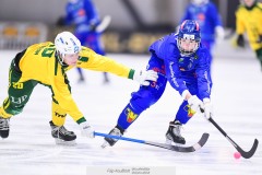 20241228 Villa-Lidköpings Alwin Andersson och Ljusdals Kalle Eriksson under bandymatchen i Elitserien mellan Villa-Lidköping BK och Ljusdals BK den 28 december 2024 i Sparbanken Arena i Lidköping.